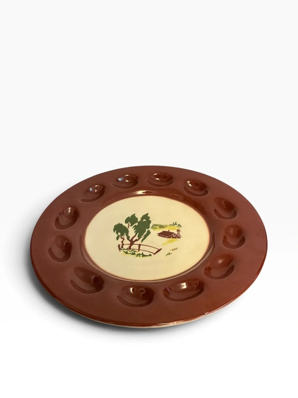 Vintage Brock of California Deviled Egg Platter Farm Scene Brown Ceramic Tray